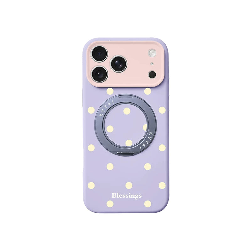 カラフルドット 360°回転スタンド付き iPhoneケース パープル+ライトイエロードット メイン