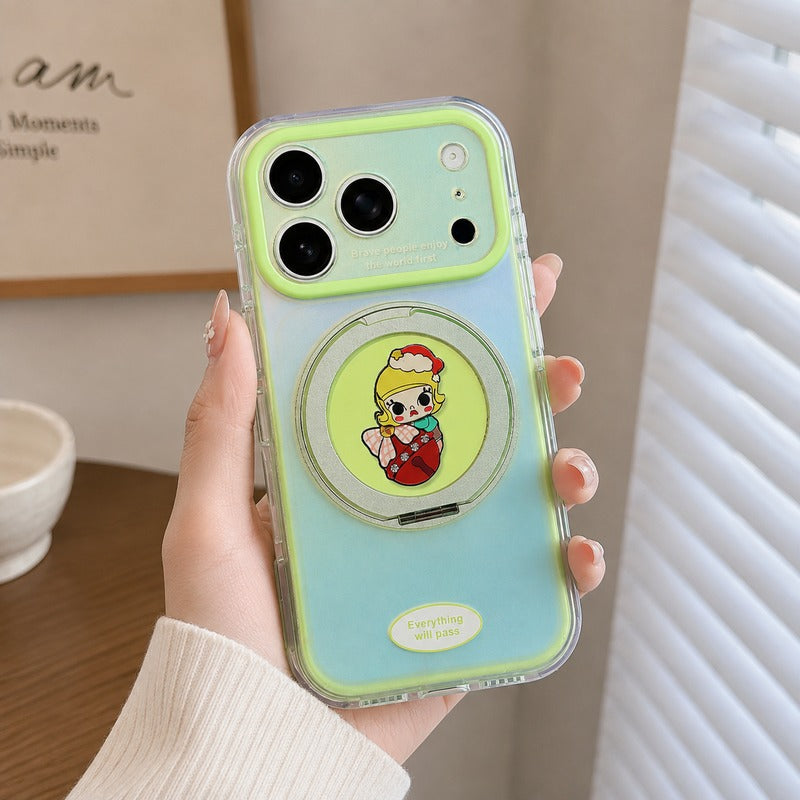 ライトブルー 回転スタンド iPhoneケース ハンドストラップ付き