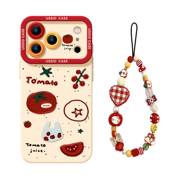 トマト柄シリコン製スマホケース ビーズストラップ付き
