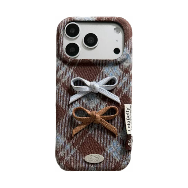 チェック柄ダブルリボンiPhoneケース ブラウン×ブルー(単品)