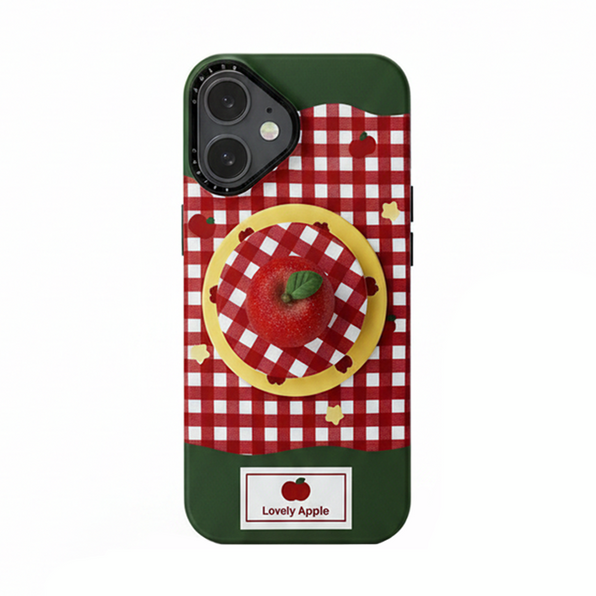 りんご柄チェックiPhoneケース グリーン×レッド(りんごスタンド付き)