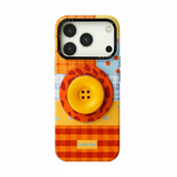 チェック柄ボタンiPhoneケース オレンジ×ブルー(ボタンスタンド付き)