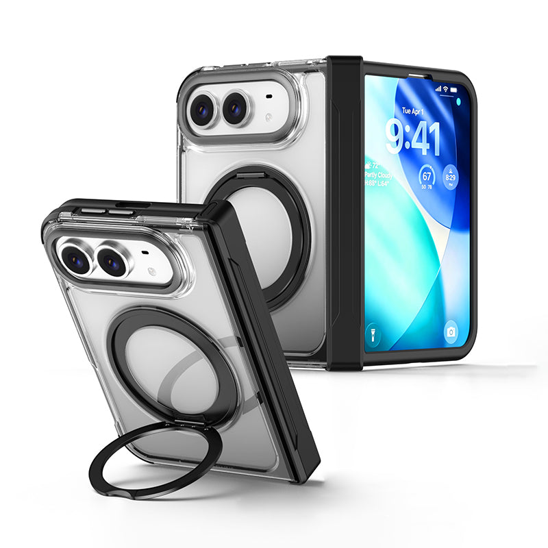 回転リング クリア配色 折りたたみiPhoneケース ブラック