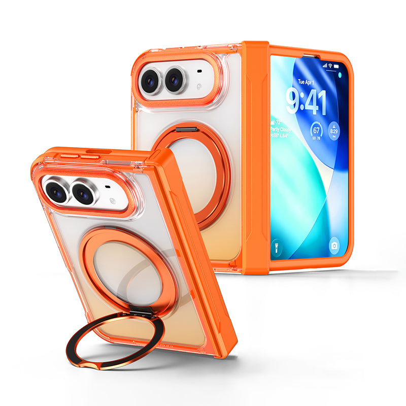 回転リング クリア配色 折りたたみiPhoneケース オレンジ