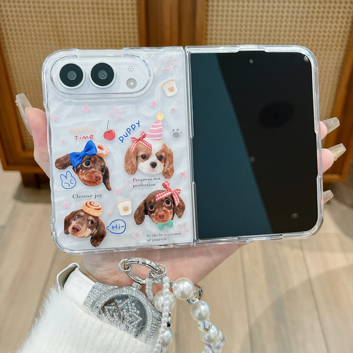 ネコ&イヌ クリアしわ模様 折りたたみiPhoneケース 使用・構造イメージ 16