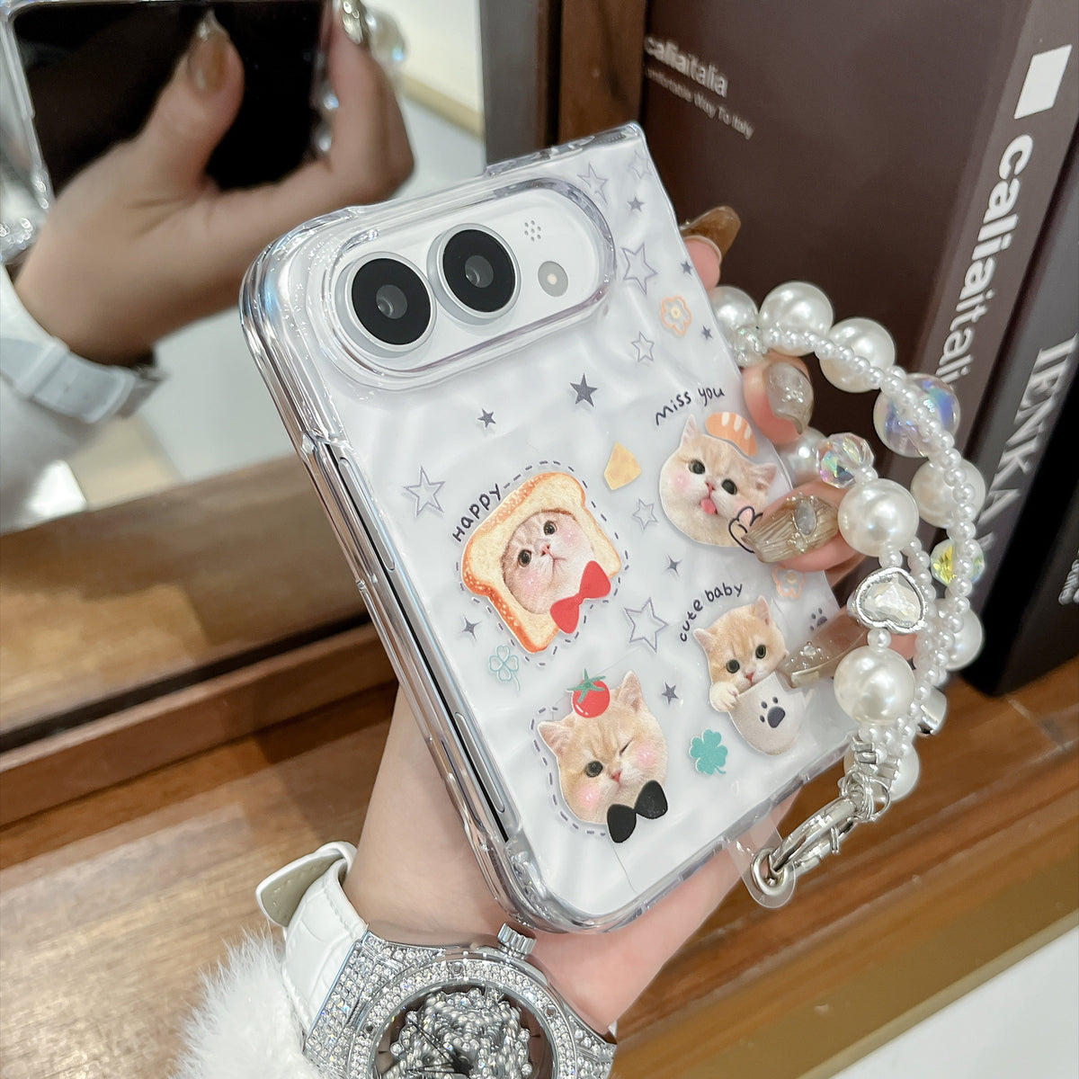ネコ&イヌ クリアしわ模様 折りたたみiPhoneケース 使用・構造イメージ 18