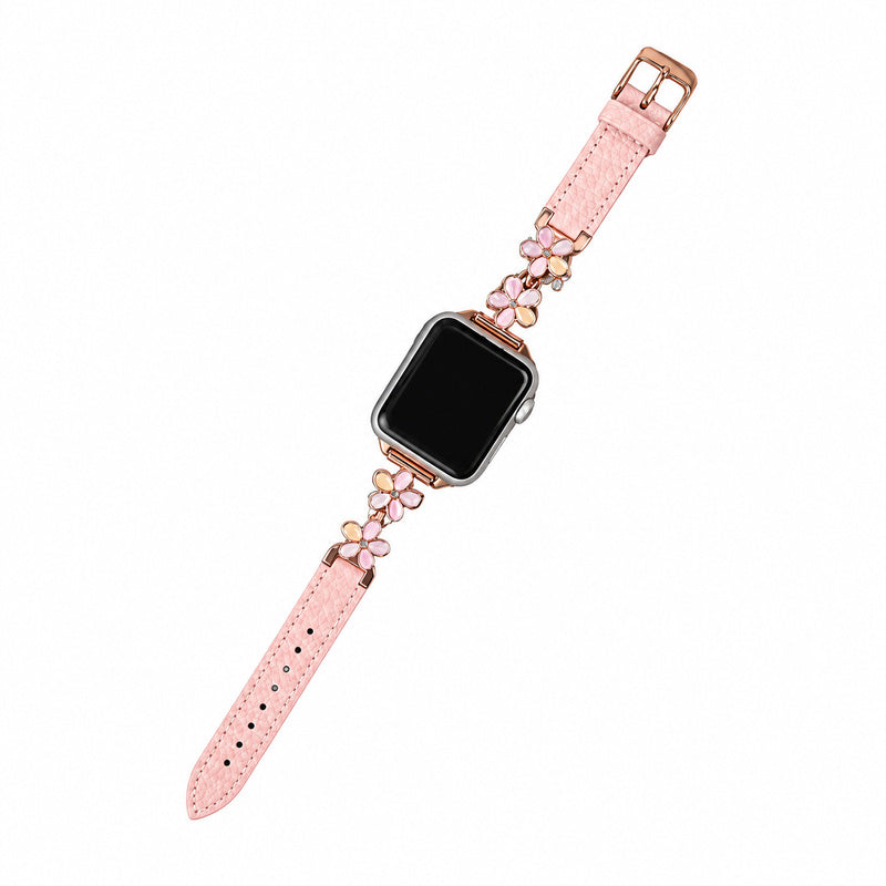 ピンクのフラワーメタル レザー調 Apple Watchバンド