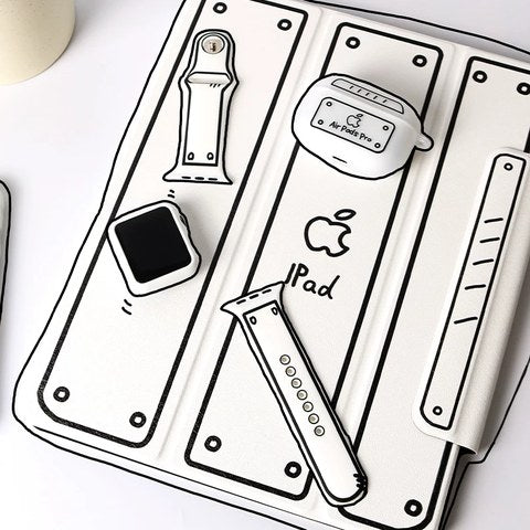 ホワイト(ショート)+ホワイトケース(フィルム付) Apple Watch モノクロ線画シリコンバンド SKU