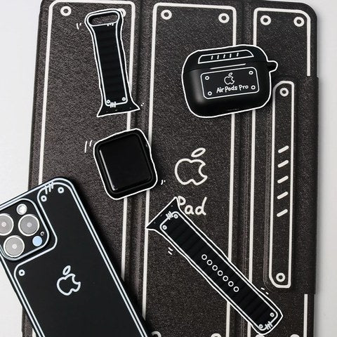 マグネットブラック+ブラックケース(フィルム付) Apple Watch モノクロ線画シリコンバンド SKU