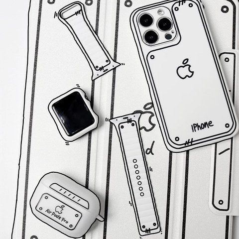 マグネットホワイト+ホワイトケース(フィルム付) Apple Watch モノクロ線画シリコンバンド SKU