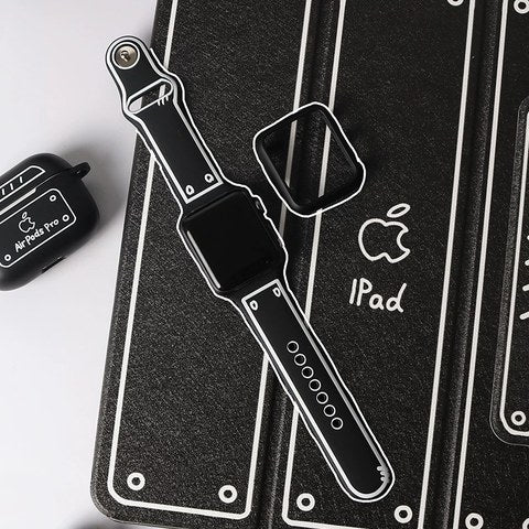 ブラック(ロング)+ブラックケース Apple Watch モノクロ線画シリコンバンド SKU