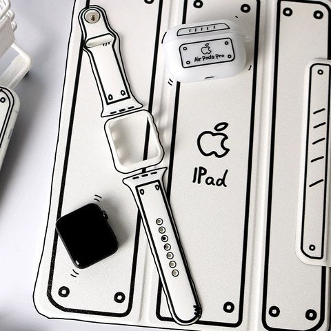 ホワイト(ロング)+ホワイトケース Apple Watch モノクロ線画シリコンバンド SKU