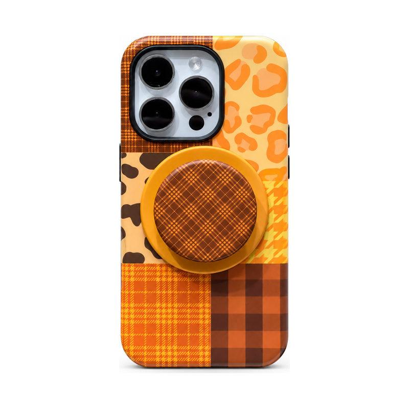 オレンジパッチワーク(マグネットスタンド付き)のパッチワークiPhoneケース、純白背景の正面直立イメージ