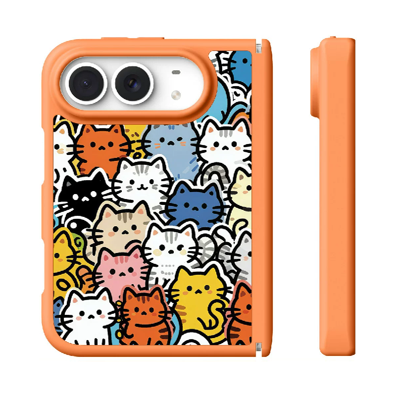 ドッグ&キャット柄の折りたたみスマホケース、正面と側面の実物参考画像