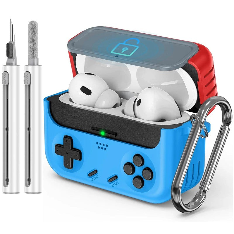 AirPods ケース ゲームコントローラー型 レッド×ブルー クリーニングペン付き レトロゲーム機風 Pro第3世代 第4世代対応
