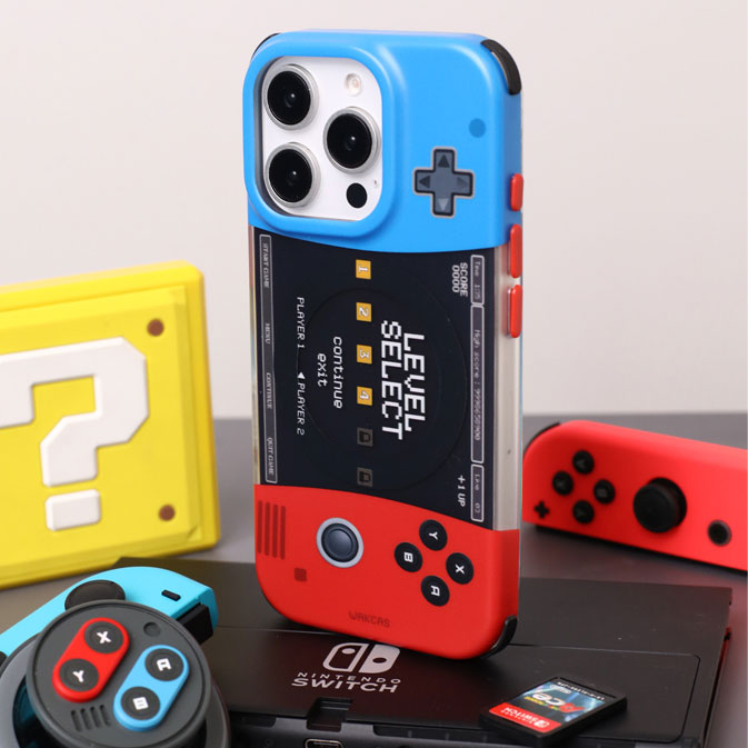 赤青配色ゲーム機モチーフオリジナル個性派マグネット式スマホケース