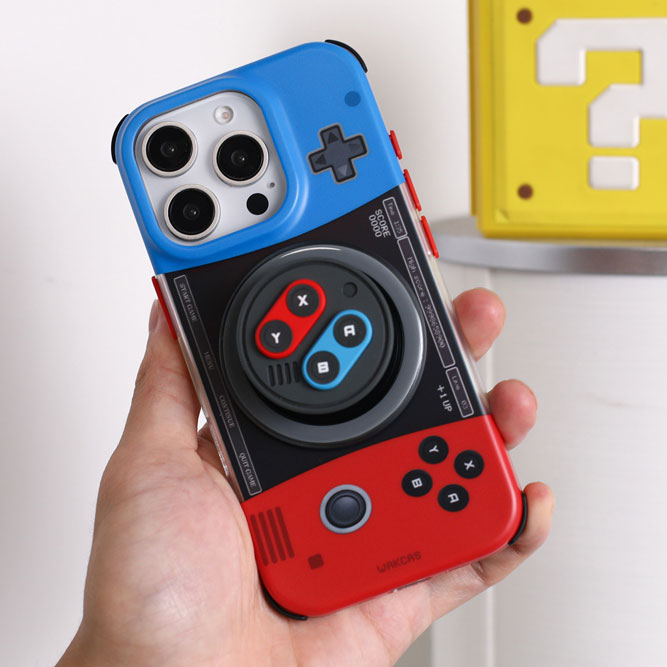 赤青配色ゲーム機モチーフオリジナル個性派マグネット式スマホケース