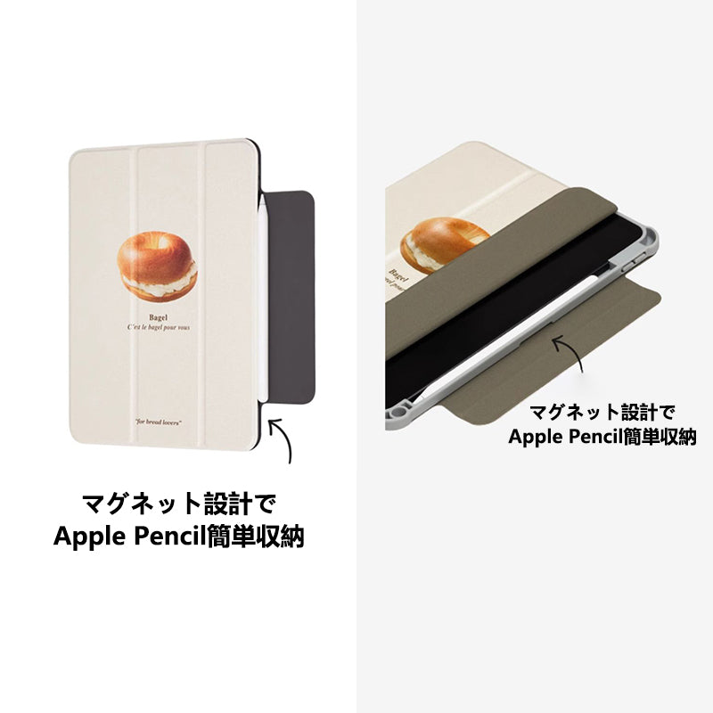 ベーグル柄おしゃれシンプルペンスロット付きマグネット式iPadケース
