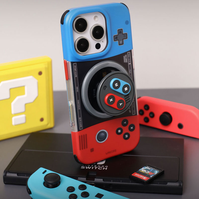 赤青配色ゲーム機モチーフオリジナル個性派マグネット式スマホケース