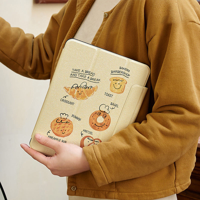 おしゃれな手描きパン柄シンプルペンスロット付きマグネット式iPadケース