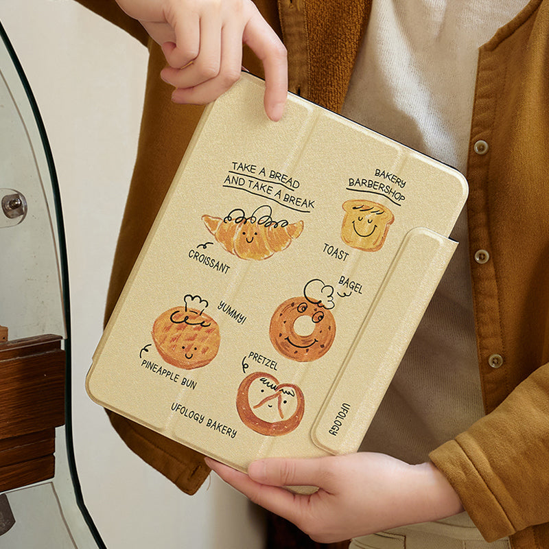 おしゃれな手描きパン柄シンプルペンスロット付きマグネット式iPadケース