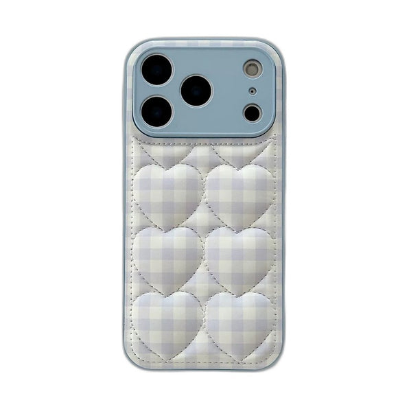 iPhone ケース ライトブルー × ホワイト チェック柄 × 立体ハート キルティング 6個 iPhone 17/16/15/14/13 全13機種対応 純白背景 かわいい