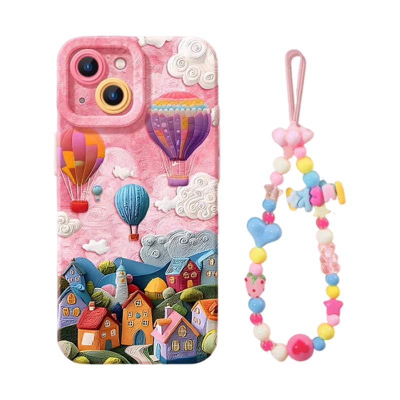 ピンク・バルーンタウン+ビーズストラップ(2点セット)の立体バルーンタウンiPhoneケース 白背景商品画像