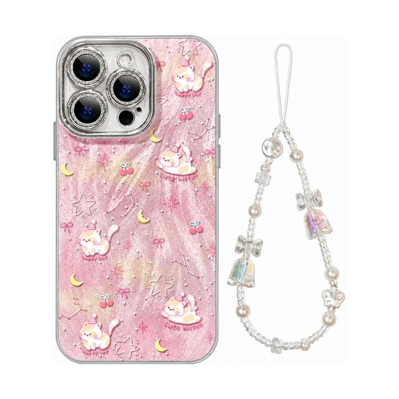 ピンクキャット柄+ストラップ(2点セット)の猫と犬柄 メタリック iPhoneケース、実物の柄と付属品の参考画像