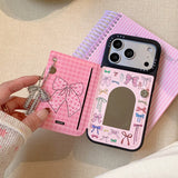 iPhone ケース 手帳型 リボン ピンク ミラー リボンチャーム ガーリー かわいい