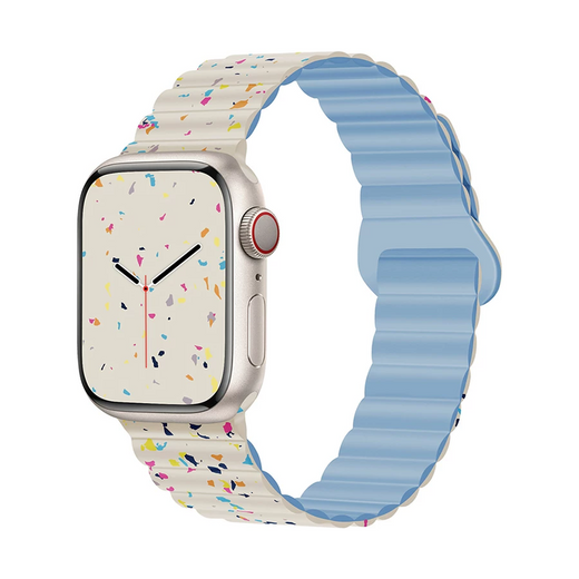 アイボリー×スモーキーブルーのカラーフレーク マグネット Apple Watchバンド、実物の柄と付属品の参考画像
