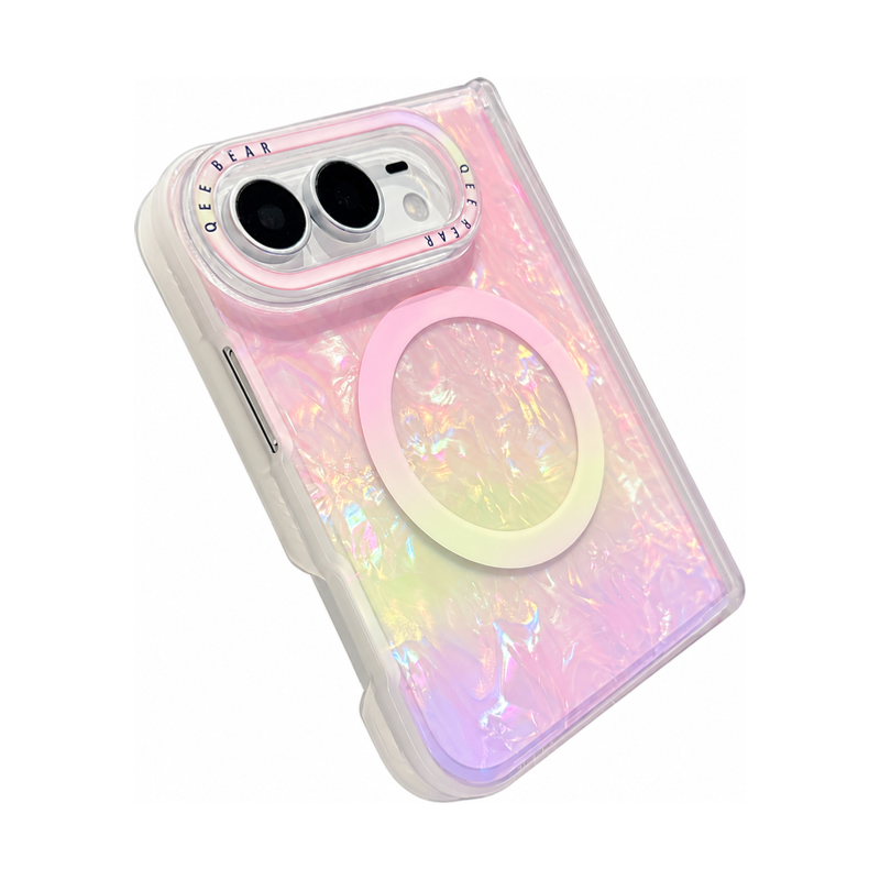 ピンク×ライトパープルのオーロラカラー マグネット対応 iPhoneケース、実物の柄と付属品の参考画像