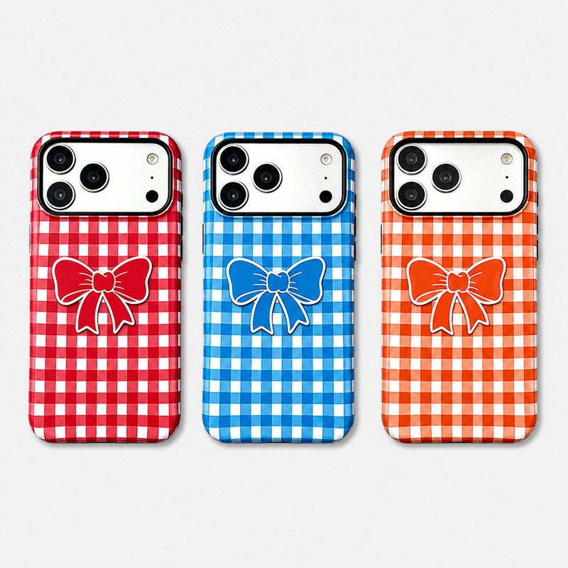 レッド・ブルー・オレンジのギンガムチェック×リボン柄 マットiPhoneケース全3色