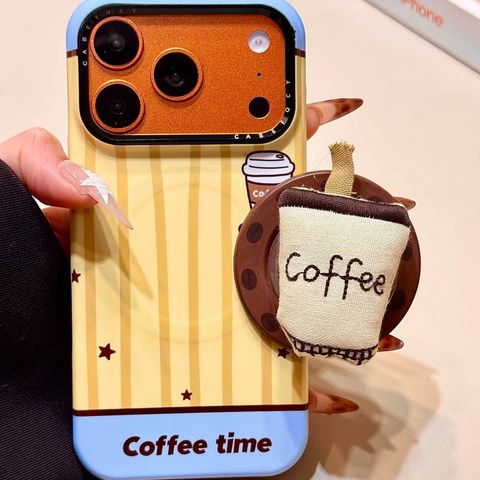 iPhone ケース ストライプ コーヒー MagSafe グリップスタンド もこもこ かわいい 韓国