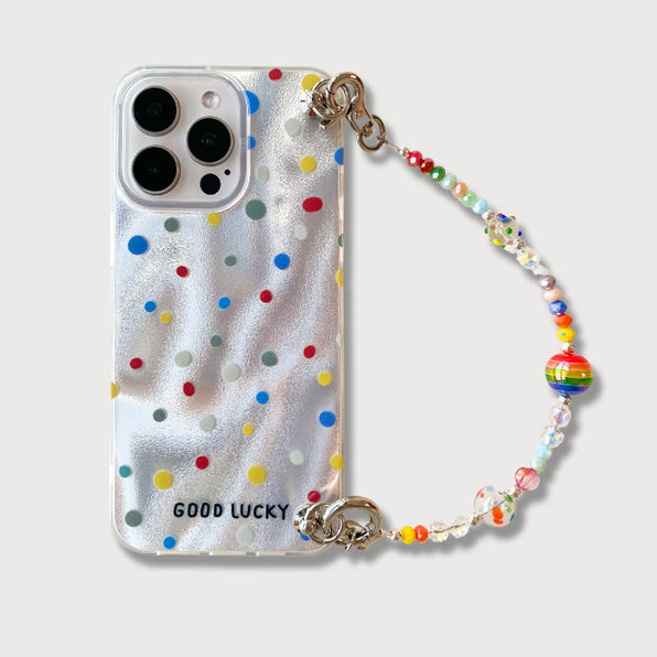 iPhone Case Clear Polka Dot Beaded Chain with Strap 17 Pro Max/16/15/14/13 Silver Colorful Dots Cute