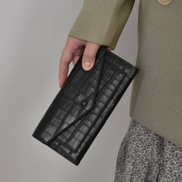Genuine Leather Long Wallet Slim Stone Pattern Women's