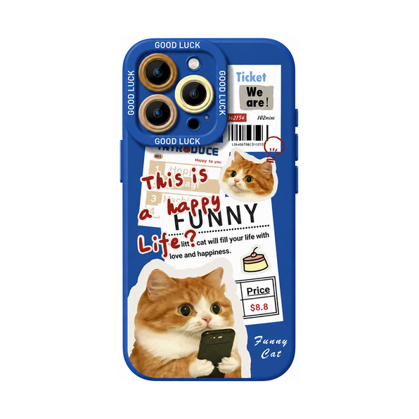 ブルー キャットAのニュースペーパーキャット柄 iPhoneケース、実物の柄と付属品の参考画像