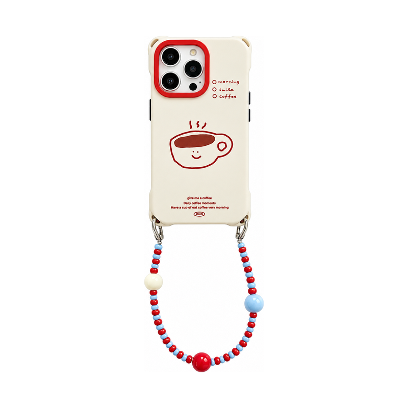 ショートストラップ付き コーヒーカップ柄 iPhoneケース