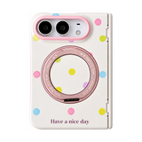 アイボリー×マルチドット 360度リングスタンド付き折りたたみスマホケース 正面