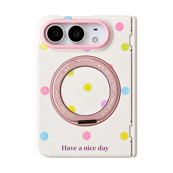 アイボリー×マルチドット 360度リングスタンド付き折りたたみスマホケース 正面