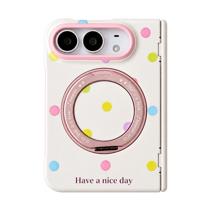 アイボリー×マルチドット 360度リングスタンド付き折りたたみスマホケース 正面