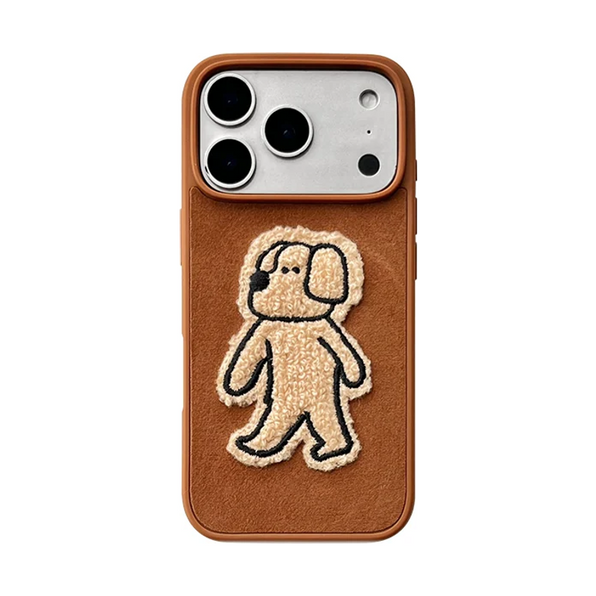 ドッグ(ケース単品)のアニマル刺繍ワッペン付きiPhoneケース、実物の柄と付属品の参考画像