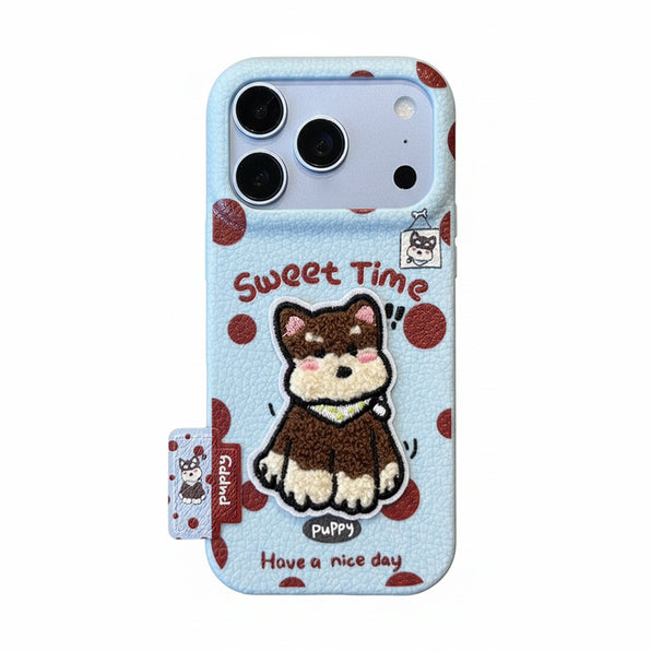 ライトブルー シュナウザー刺繍の立体ドッグ刺繍 レザー調 iPhoneケース 2デザイン