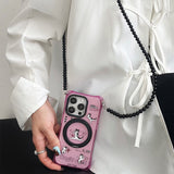 ヨガポーズの黒白猫モチーフ ピンクパープル半透明 iPhone ケース 黒ビーズチェーン斜めがけショルダー 韓国ガーリー