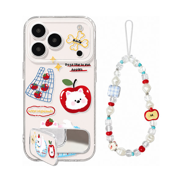 りんご柄+ミラースタンド+ストラップ(3点セット)の犬とりんご柄 クリア iPhoneケース、実物の柄と付属品の参考画像