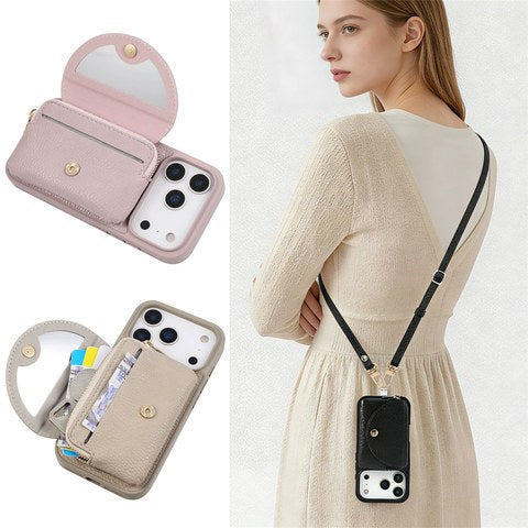 ショルダー iPhoneケース ファスナー カード収納 ミラー付き PUレザー 全6色 斜めがけ お財布 上品