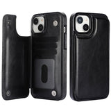 ブラックのレザー調iPhoneケース 背面カード収納・スタンド機能付き