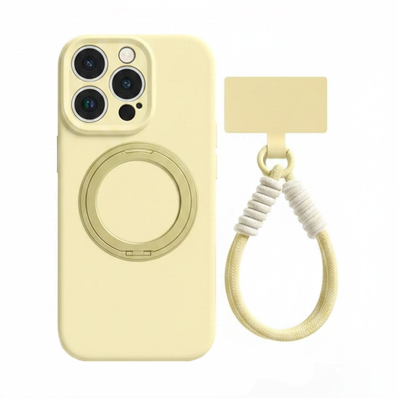 ライトイエローの回転リングスタンド付きiPhoneケースとリストストラップ
