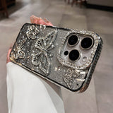 ラメ バタフライケース シルバー ビジュー iPhone