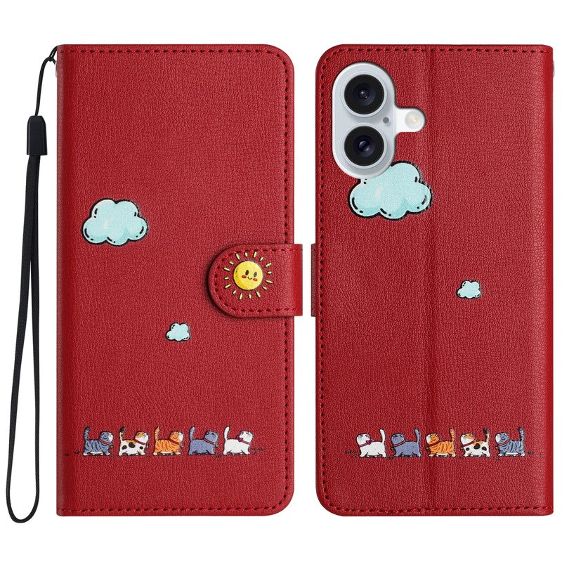 iPhone 手帳型ケース ワインレッド - かわいい猫 + 雲 + 太陽イラスト、カードスロット + スタンド機能
