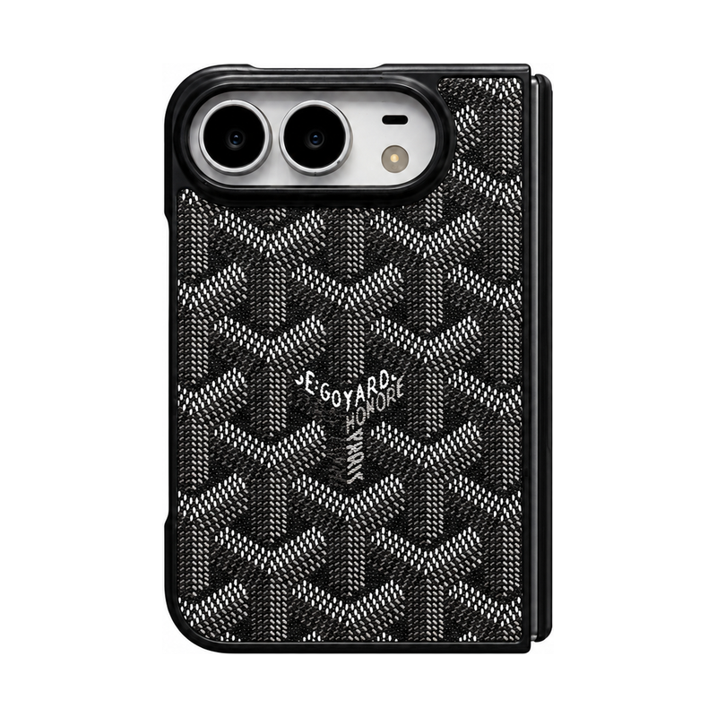 ブラックの幾何学柄マグネット対応折りたたみスマホケース、正面直立の装着イメージ